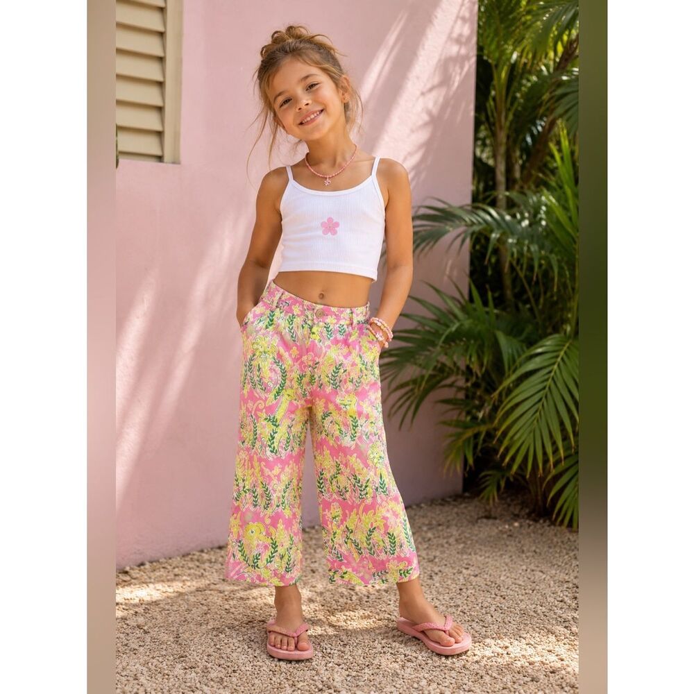 VTG Lilly Pulitzer Neon Pink Yellow Jaguar Leaf Print Capri Pant Sz 10 Bohemian